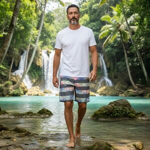 Roark Revival Mens Gray Multi Watercolor Striped Board Shorts Sz  34 Swim Trunks